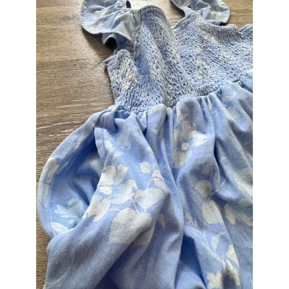 Old Navy Girls Blue Floral Smocked Flutter Sleeve Dress Pockets Size L 10-12